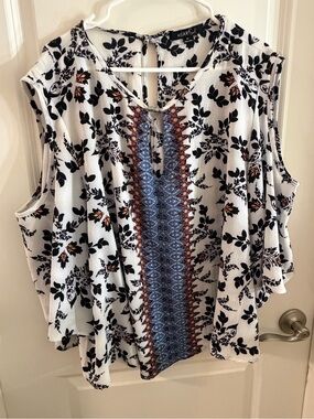 HeartSoul White Floral Cold-Shoulder Top with Blue Embroidered Panel